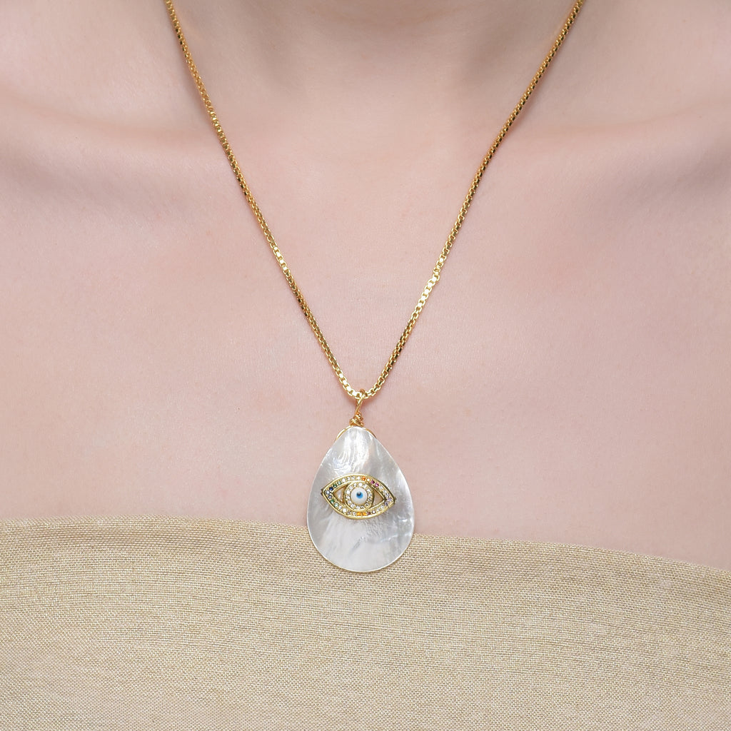 Grishma Gold Plated Evil Eye MOP Zircon Pendant Chain