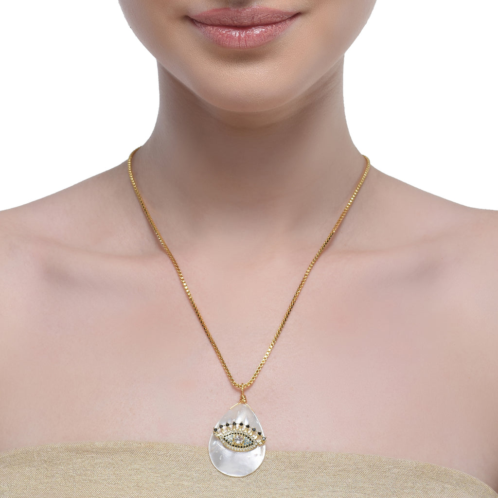 Zircon Grishma Gold Plated Evil Eye MOP Pendant Chain