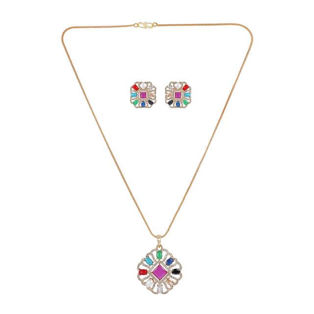 22k Gold Plated Teej Navratna Pendant Set