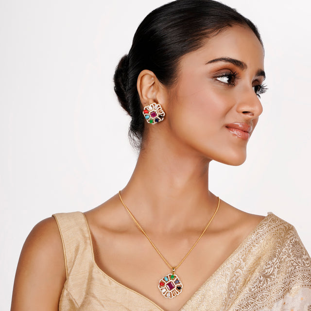 22k Gold Plated Teej Navratna Pendant Set