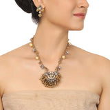 Gold & Silver Plated Mishran Cresent Kundan Pendant Set