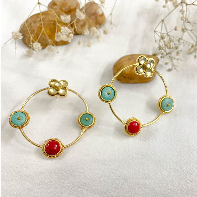 Gold Plated Balan Kundan Floret Coral Turquoise Hoops