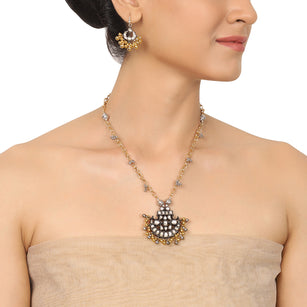 Gold & Silver Plated Mishran Fan Kundan Pendant Set