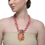 Samyukta Kundan Carved Pink Coral Floral Peacock Necklace Set