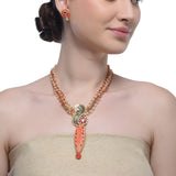 Samyukta Kundan Carved Pink Coral Floral Peacock Necklace Set