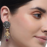 Sterling Silver 92.5 Floral Embossed Kundan Earrings