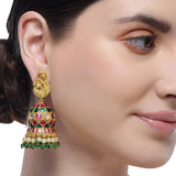 Chaitra Peacock Red Green Kundan Jhumki Earrings