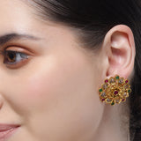 Chaitra Red Green Jadau Flower Earring Stud