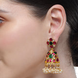 Chaitra Kundan Red Green Jhumki Earrings