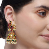 Chaitra Kundan Peacock Red Green Jhumki Earrings