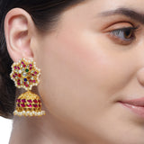 Chaitra Kundan Flower Navarattan Ruby Jhumki Earrings
