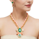 Gold Plated Sampurna Zircon Green Onyx Coral Necklace Set