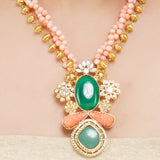 Gold Plated Sampurna Zircon Green Onyx Coral Necklace Set