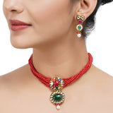 Gold Plated Sampurna Kundan Navrattan Coral Choker Set
