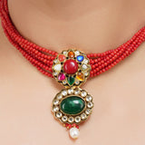 Gold Plated Sampurna Kundan Navrattan Coral Choker Set