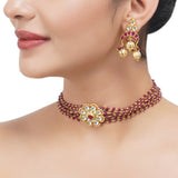 Gold Plated Sampurna Kundan Flower Red Choker Set