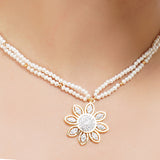 Gold Plated Sampurna Zircon Kamal Pearl Pendant Set