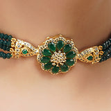 Gold Plated Sampurna Zircon Green Onyx Flower Choker Set