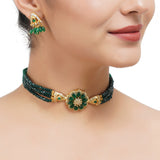 Gold Plated Sampurna Zircon Green Onyx Flower Choker Set