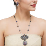 Silver Plated Sampurna Blue Zircon Peacock Necklace Set