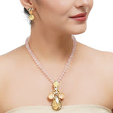 Gold Plated Sampurna Dendrite Rose Quartz Kundan Pendant Set