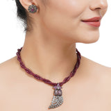 Silver Plated Sampurna Zircon Ruby Fern Pendant Necklace Set
