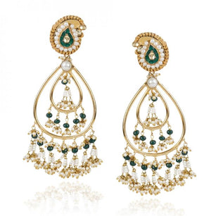 GOLD PLATED SHRUTIPAT GREEN KUNDAN CHANDBALI EARRINGS