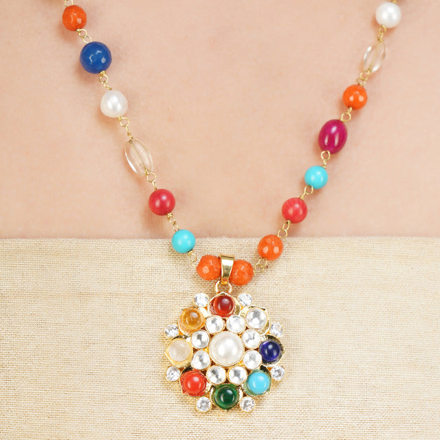 NAVRATNA FLOWER PENDANT SET
