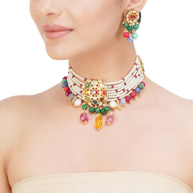 NAVRATNA KUNDAN CHOKER NECKLACE SET