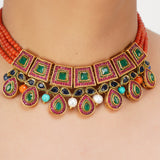 NAVRATNA GOLD PLATED PAN NECKLACE SET