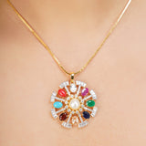 NAVRATNA FLOWER PENDANT SET