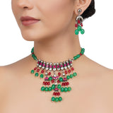Silver Plated Kundan Green Onyx Necklace Set