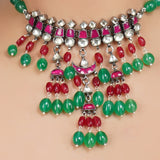 Silver Plated Kundan Green Onyx Necklace Set