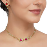 Gold Plated Red Kundan Fluorite Choker Necklace Set