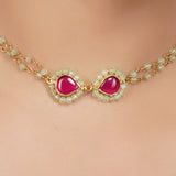 Gold Plated Red Kundan Fluorite Choker Necklace Set