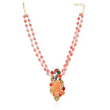 Samyukta Kundan Carved Pink Coral Floral Peacock Necklace Set