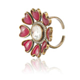 Gold Plated Red Flower Kundan Ring
