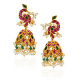 Chaitra Kundan Peacock Red Green Jhumki Earrings