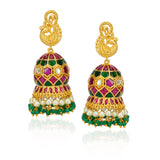 Chaitra Peacock Red Green Kundan Jhumki Earrings