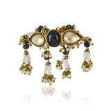 Gold Plated Kundan Blue Onyx Pearl Ring