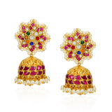 Chaitra Kundan Flower Navarattan Ruby Jhumki Earrings