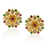 Chaitra Red Green Jadau Flower Earring Stud