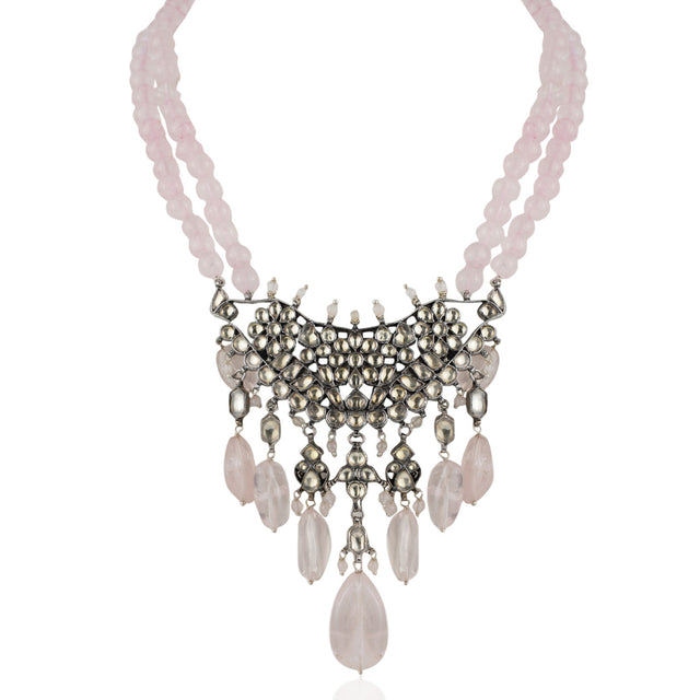 Silver Plated Pacchi Rose Quartz Necklace Set