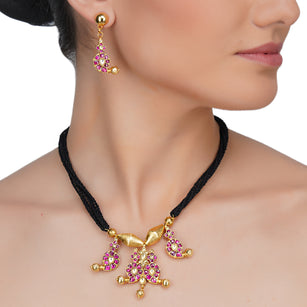 Gold Plated Sankrant Red Ambi Kundan Necklace Set