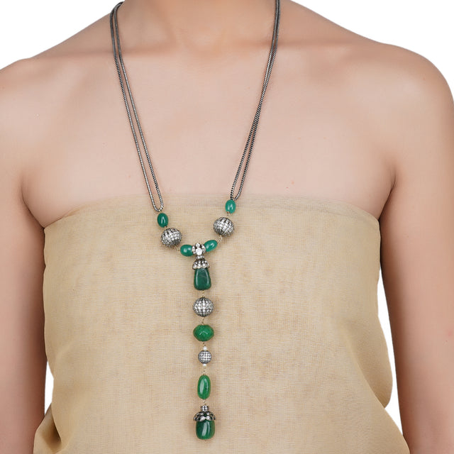 Silver Plated Sankrant Victorian Green Onyx Lariat
