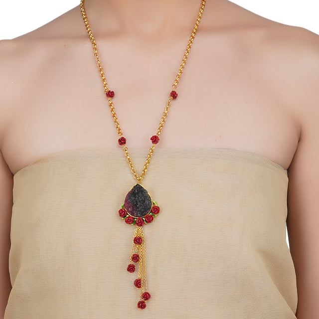 Gold Plated Sankrant Coral  Rose Druzy Necklace