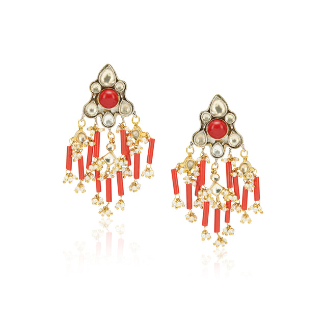 Gold & Silver Plated Sankrant Coral Kundan Earrings