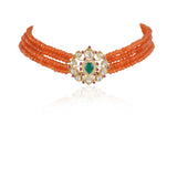 Gold Plated Valentine Kundan Orange Necklace Set