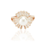 Dainty Rose Plated Zircon Baguette with Pearl Flower Ring