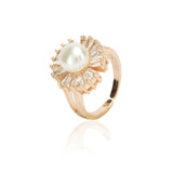Dainty Rose Plated Zircon Baguette with Pearl Flower Ring